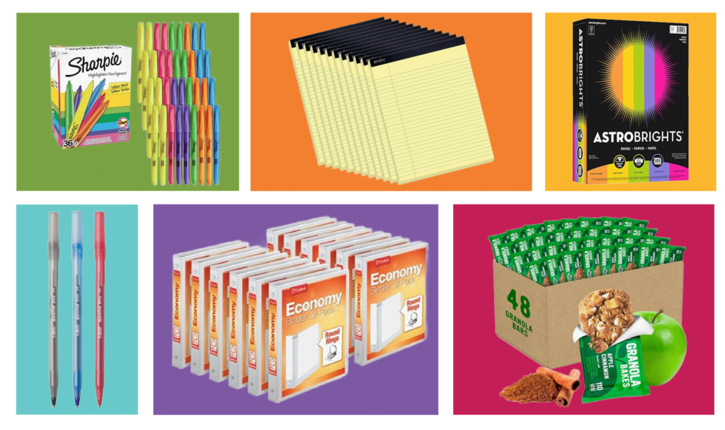 Highlighters, legal pads, colored paper, pens, binders, and granola bars illustrated