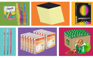 Highlighters, legal pads, colored paper, pens, binders, and granola bars illustrated